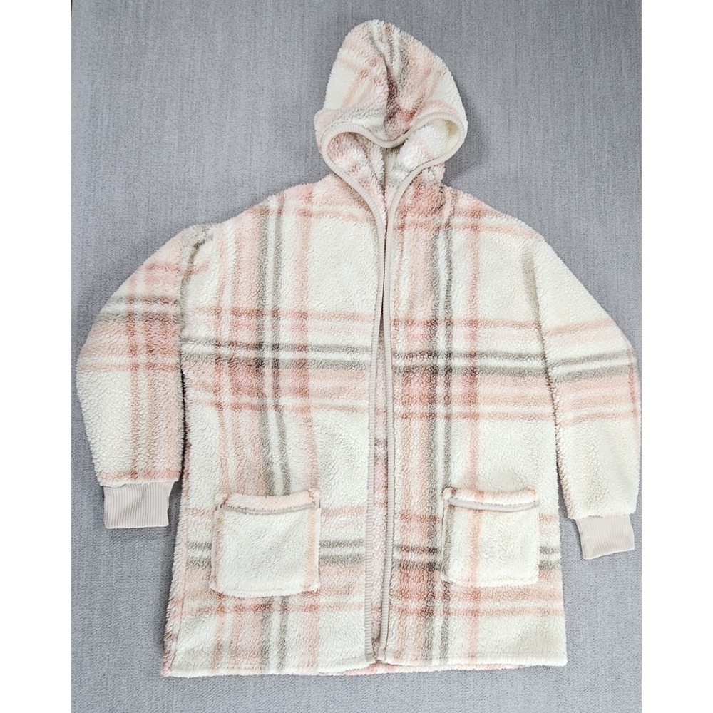 Koolaburra By UGG Womens XS Pink Plaid Cozy Shaggy Plush Cardigan Rib Detail